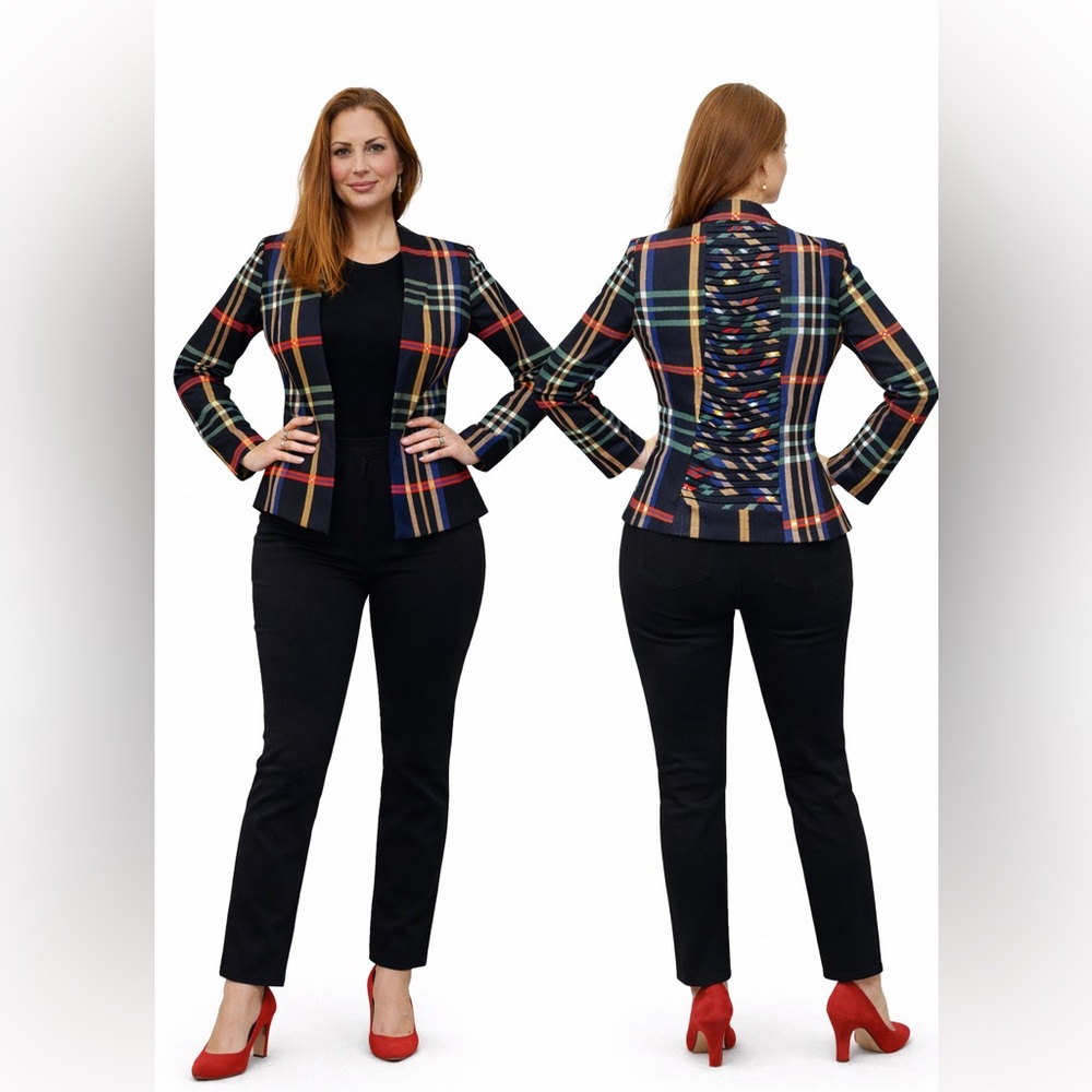 Miss Avenue Plaid Ladder Back Blazer Medium Statement Career Jacket